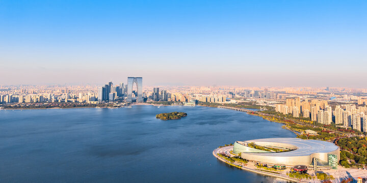 Aerial view of Suzhou Theater, Oriental Gate, Jinji Lake, Suzhou, Jiangsu Province, China