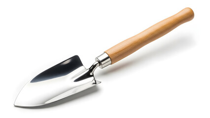 Fototapeta premium Stainless steel planting shovel with wooden handle on white background 