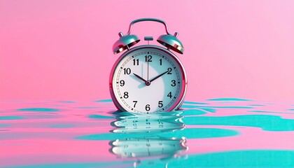 Retro Alarm Clock Floating in Vibrant Pink and Teal Water.