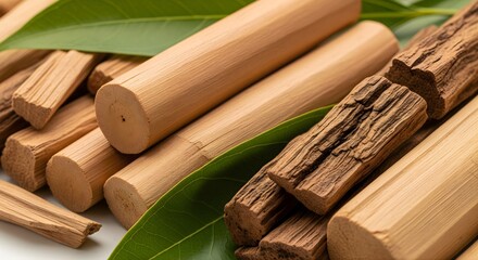 Sandalwood sticks and logs arranged with green leaves showing natural texture and aromatic essence of wood used for traditional incense and fragrance production in sustainable forest environment