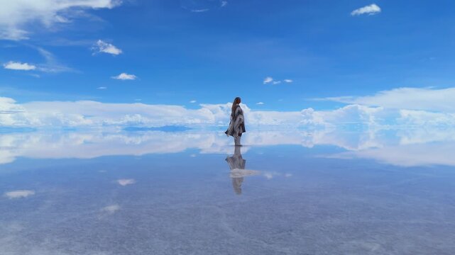 A woman walks across a reflective salt flat in Bolivia, her poncho billowing in the wind