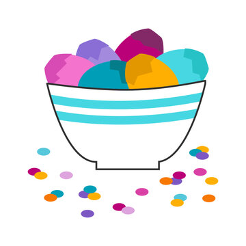 Mexican colorful cascarones eggs with confetti in a bowl. Easter playful hispanic tradition. Birthday party and family celebration.
