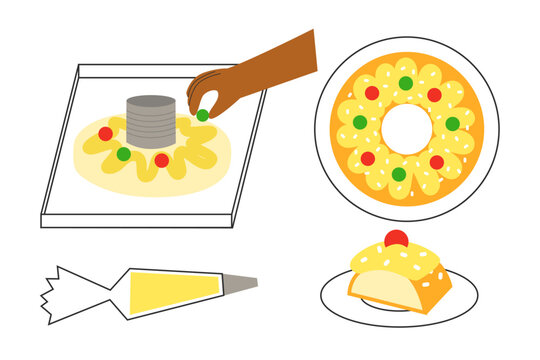 Person makes rosca de pascua from Argentina. Hispanic easter bread with cream. Traditional latin spring holiday food.