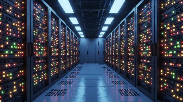 Modern data center server room with rows of computer servers and illuminated lights.