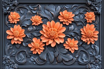 Three dimensional floral relief sculpture features prominent orange blossoms against a dark background