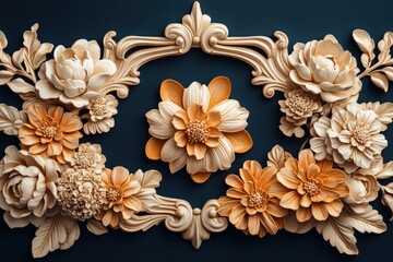 Ornate carved floral embellishments adorn a dark blue background forming an elaborate decorative border
