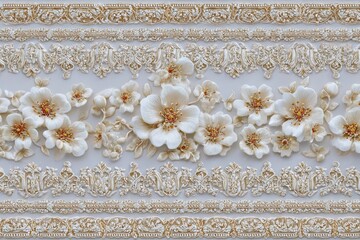 Three dimensional floral and ornamental panel design displayed in repeating horizontal bands