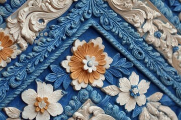 Intricate floral bas-relief carving displays contrasting colors and detailed ornamental patterns