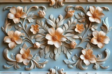 Intricate floral bas-relief carving displays peach blossoms set against a muted blue background