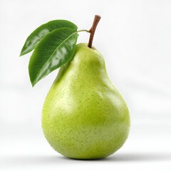 Fresh Green Pear with Leaves Isolated on White Background