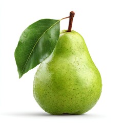 Fresh Green Pear with Leaves Isolated on White Background