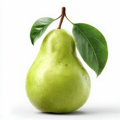 Fresh Green Pear with Leaves Isolated on White Background