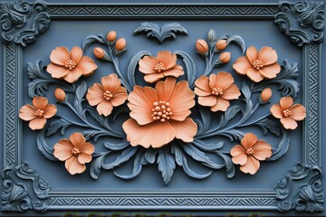 Ornate floral bas-relief carving features contrasting peach blossoms and sculpted foliage against a slate background