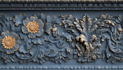 Ornate sculpted panel features stylized floral motifs in deep blue and aged gold accents