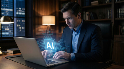A focused businessman in a suit works on a laptop with a glowing AI symbol in a sophisticated office setting.