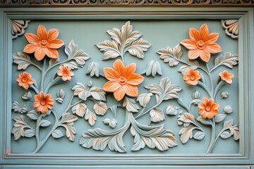 Intricate floral relief sculpture adorns a painted architectural panel
