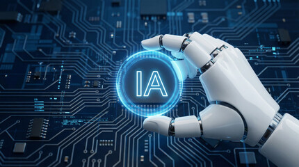 Robotic hand holding a glowing 'IA' symbol over a futuristic circuit board, representing artificial intelligence and technology.