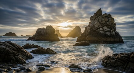 Dramatic Coastal Sunset with Rock Formations and Ocean Waves.