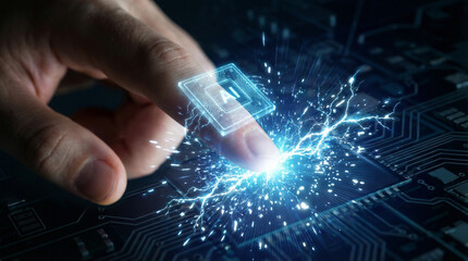 Human finger touching a glowing circuit board with electrical sparks, representing advanced technology and digital interaction.