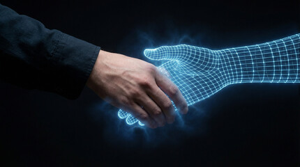 Human hand shaking a glowing blue wireframe digital hand, symbolizing technology partnership and future collaboration.