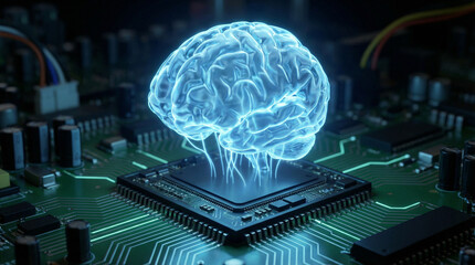 A glowing blue brain emerging from a computer chip on a circuit board, symbolizing artificial intelligence and advanced computing.