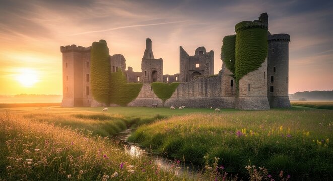 Dramatic Sunrise Over a Majestic Ruined Castle in the Countryside.