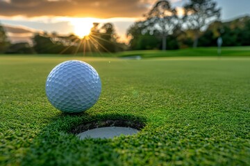 Fototapeta premium Close-up of a white golf ball positioned near the hole on a lush green putting surface, with a beautiful sunset illuminating the scene, creating a serene and inviting atmosphere