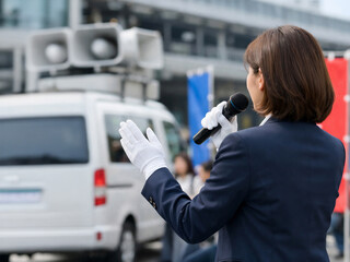 街頭演説を行う女性候補者の後ろ姿