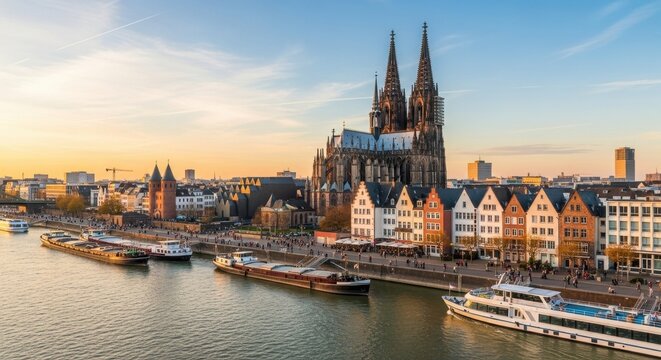 Cologne Cathedral and cityscape along the Rhine River at sunset.