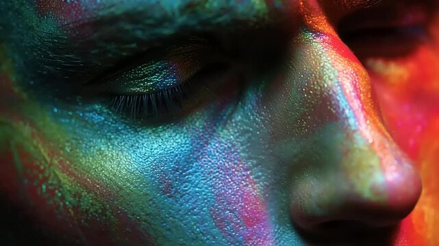 Man with closed eyes has his face covered in layered neon paint strokes that shimmer under colorful illumination.
