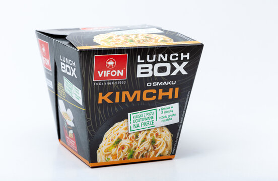 Vifon kimchi flavored lunch box instant noodles package isolated on white background, Asian convenience food product packaging, quick preparation spicy soup rice noodles brand box cutout, no people