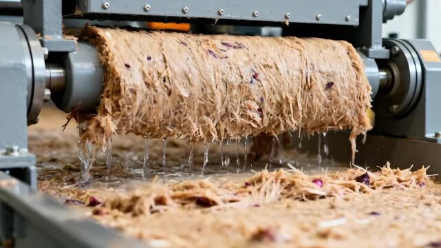 Medium shot of mechanical presses applying force on spent beet pulp demonstrating highefficiency moisture reduction with visible pulp texture and water flow.