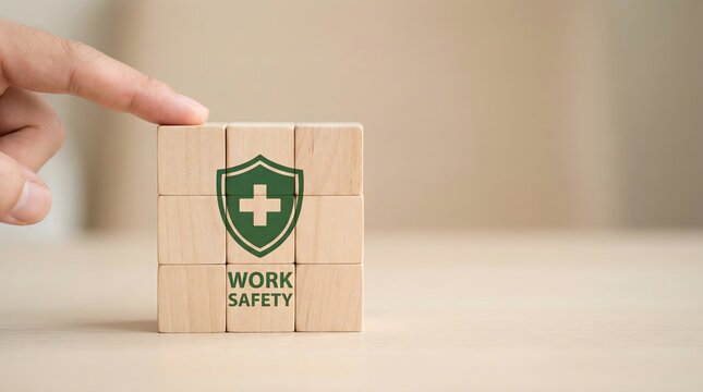 Wooden blocks with work safety sign and green shield