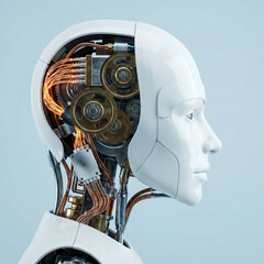 A side profile of a white humanoid robot head with exposed internal gears, wires, and mechanical components, representing artificial intelligence and advanced technology.