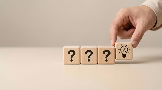 hand placing lightbulb idea block replacing question marks