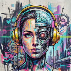 Vibrant digital art of a woman's face split between human and cyborg, wearing headphones, against a graffiti-style urban background.