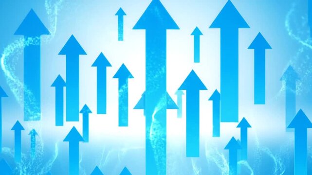 Multiple blue arrows pointing upwards in a gradient background with abstract swirling patterns and increasing sizes from a low-angle viewpoint