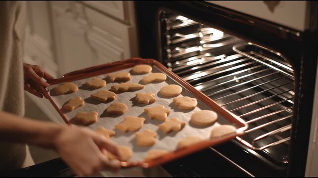 A woman's hands placing a baking sheet of gingerbread Christmas cookies into a preheated oven. Holiday preparations and home comforts.
