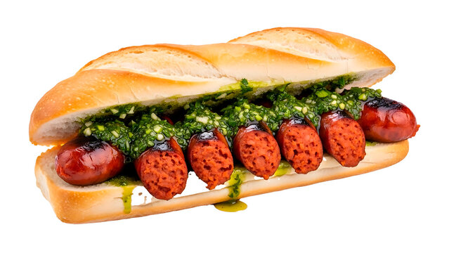 Argentine Choripan Delight: A delectable Argentine choripan sandwich is ready to be devoured, with grilled chorizo, fresh chimichurri, and a soft, toasted baguette.