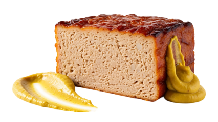 Meatloaf with Mustard: A beautifully prepared slice of meatloaf, complemented by a vibrant swirl of mustard, promising a delightful culinary experience.