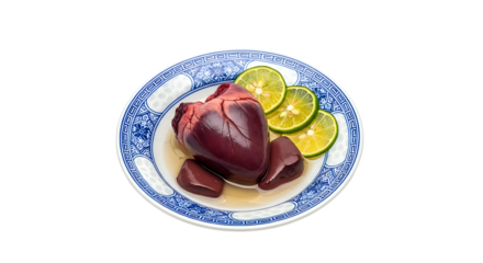 Heart on a Plate: A captivating image featuring a prepared heart alongside fresh lime slices, artfully presented on a decorative plate, offering a unique culinary perspective.