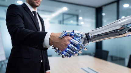 A businessman in a suit shaking hands with a futuristic robotic arm in a modern office setting, symbolizing human-AI collaboration and technological advancement.