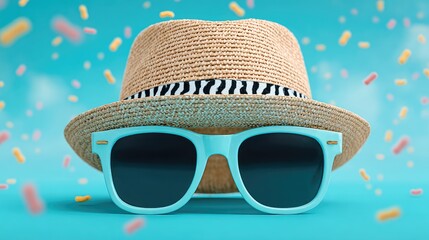 Stylish Summer Vibes: Straw Hat and Sunglasses on Vibrant Blue Background with Confetti