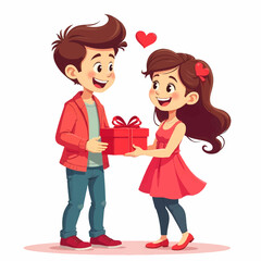 Fototapeta premium A cartoon illustration of a smiling couple exchanging a red gift box on a white background
