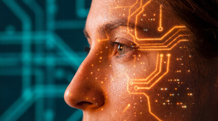 Close-up side profile of a person's face with glowing orange circuit board patterns, representing artificial intelligence and human-computer integration.