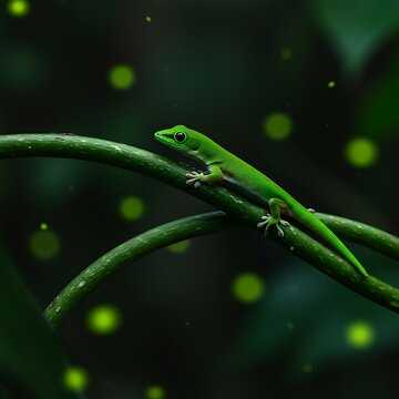 Green gecko on vines at night
