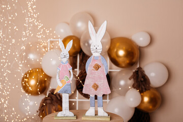 Wooden Easter Bunny Figures with Balloons
