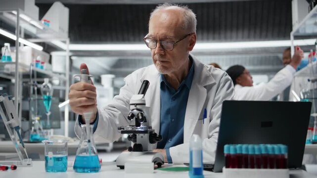Elderly chemical engineer pipetting blue liquid into test tube to analyze it. Senior microbiologist transferring chemical sample to prepare for immediate spectroscopic analysis, camera A