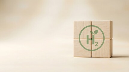 Hydrogen energy concept with wooden blocks and green logo