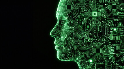 Green circuit board pattern forming a human head in profile, symbolizing artificial intelligence and digital thought.